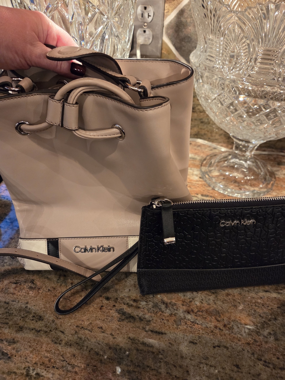 Calvin Klein Taupe Drawstring Bucket Bag with Black Wristlet
